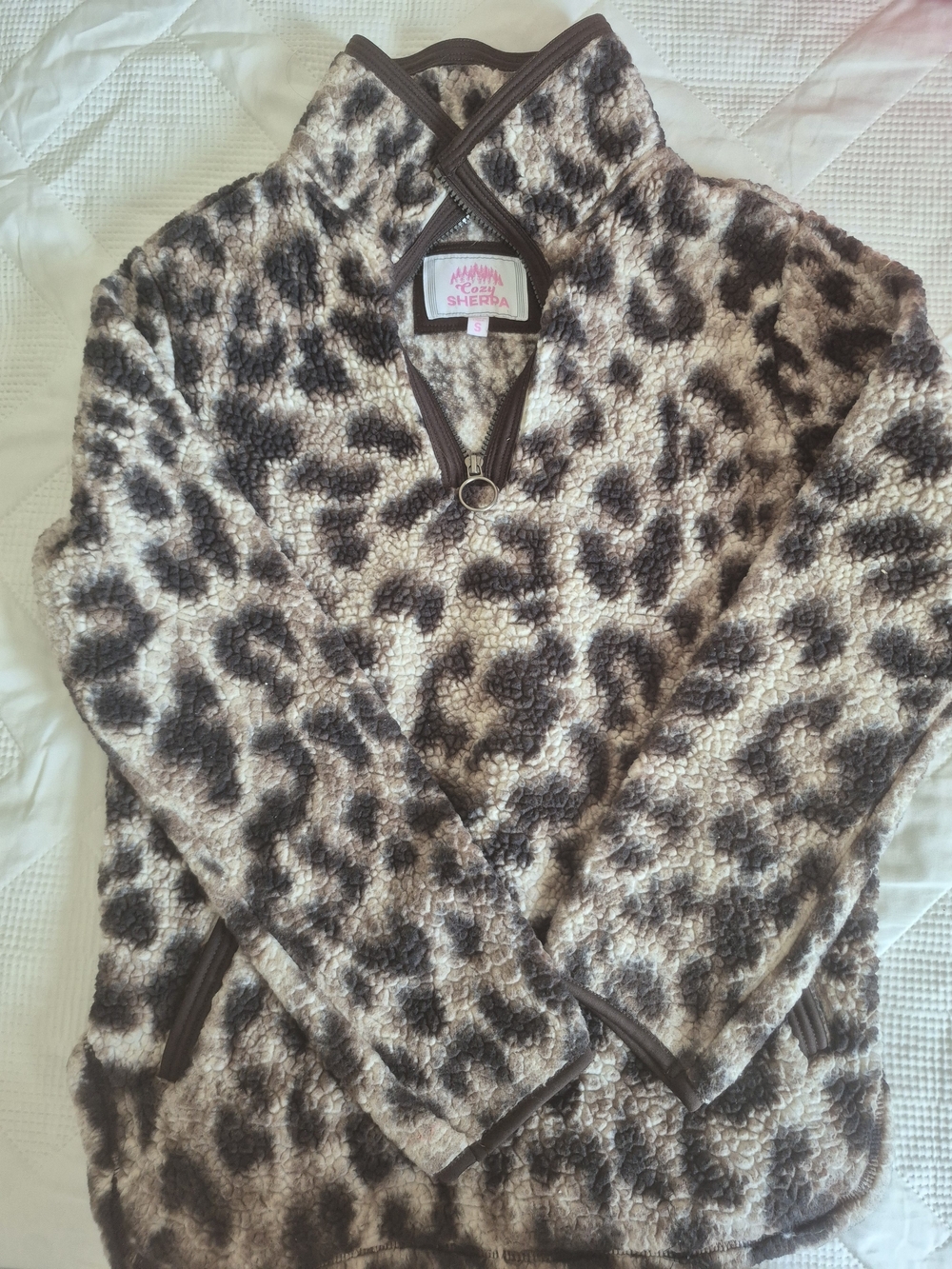 Sherpa Leopard Print Cowl Pullover - Cream & Brown